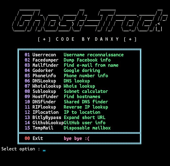 Menu GhostTrack